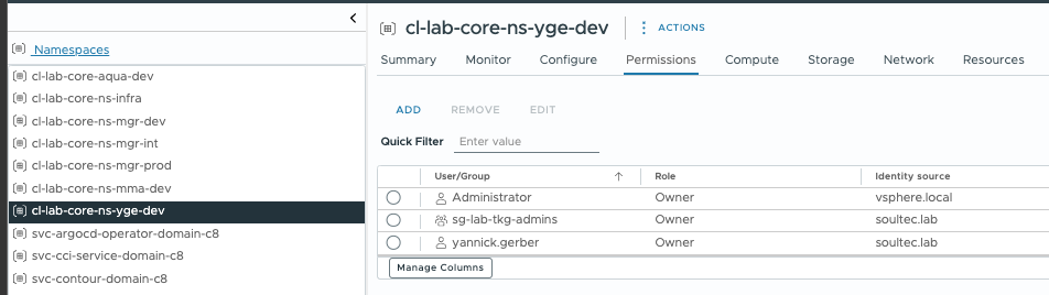 vSphere Namespace Permissions