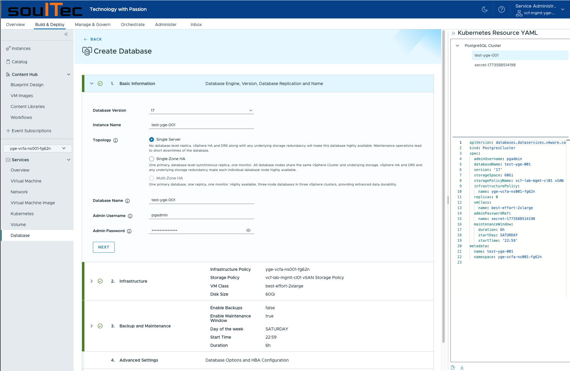 VCFA DSM provisioning details
